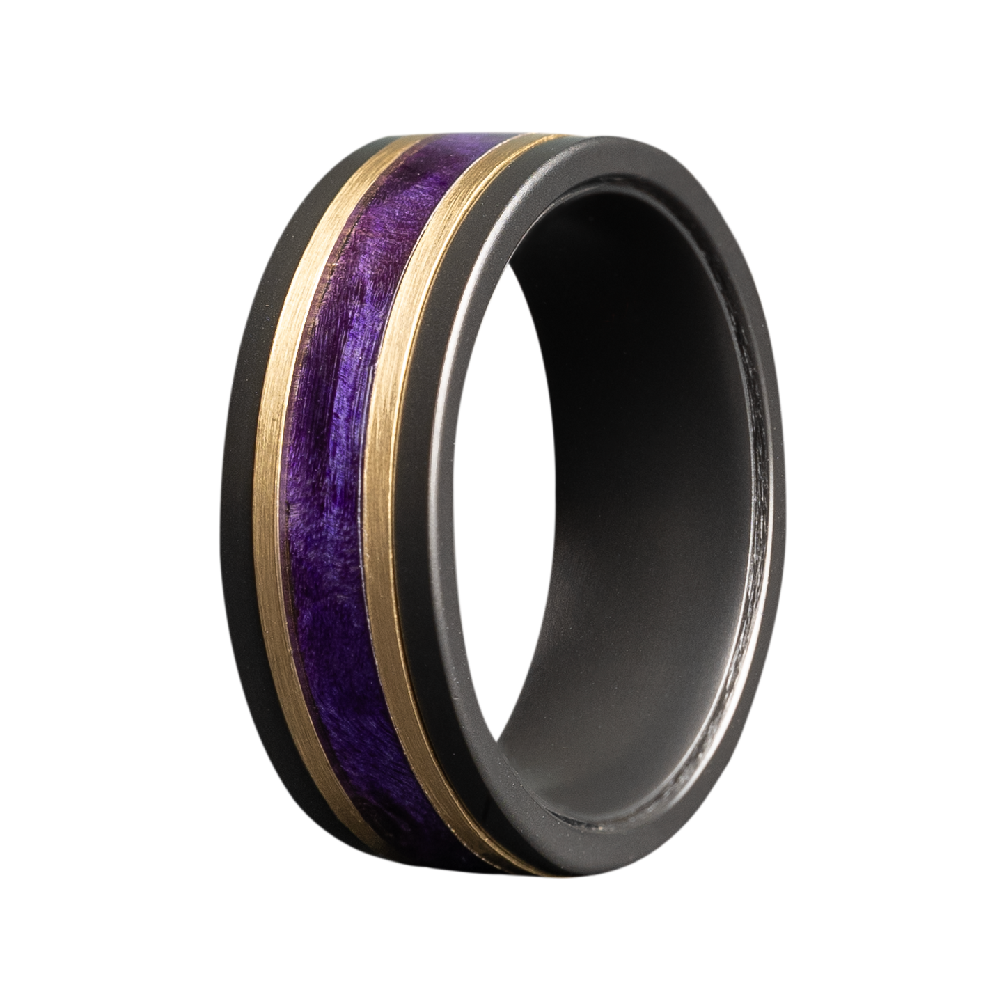 Zirconium Matte Flat Ring with Gold and Purple Wood