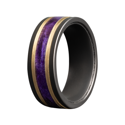 Zirconium Matte Flat Ring with Gold and Purple Wood