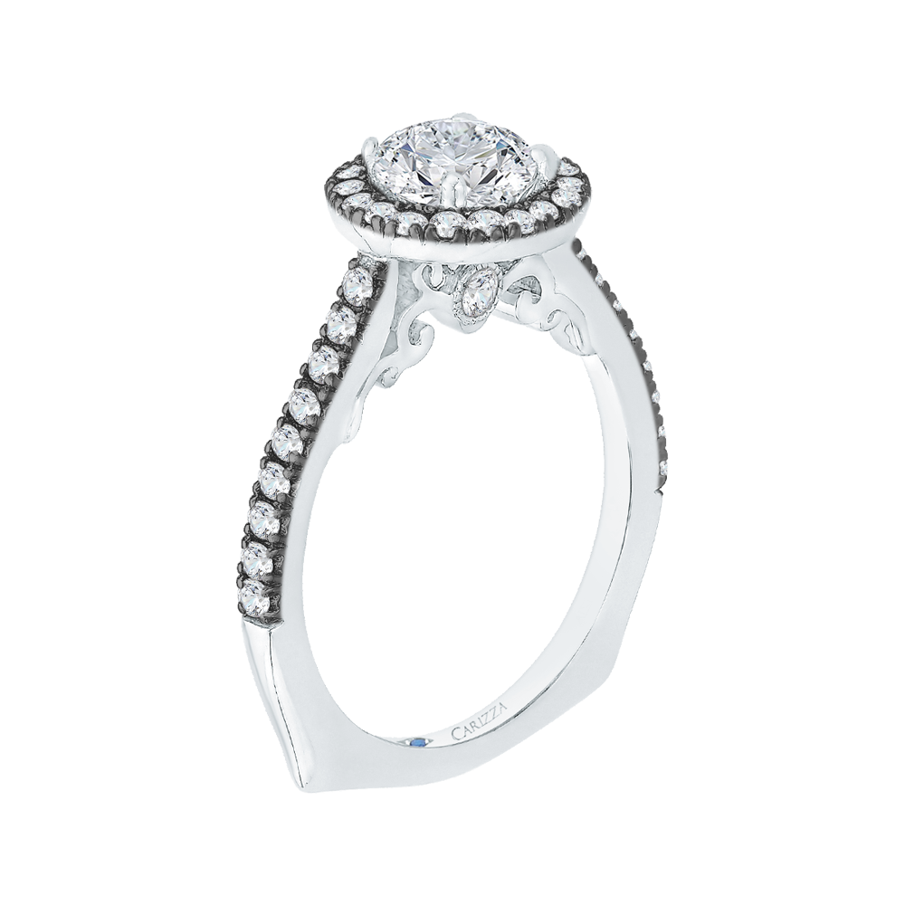 Black Rhodium Tips Round Diamond Halo Engagement Ring in 14K White Gold (Semi-Mount)