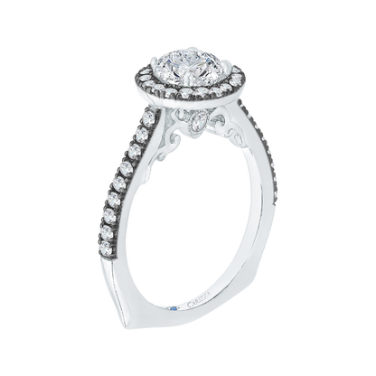 Black Rhodium Tips Round Diamond Halo Engagement Ring in 14K White Gold (Semi-Mount)