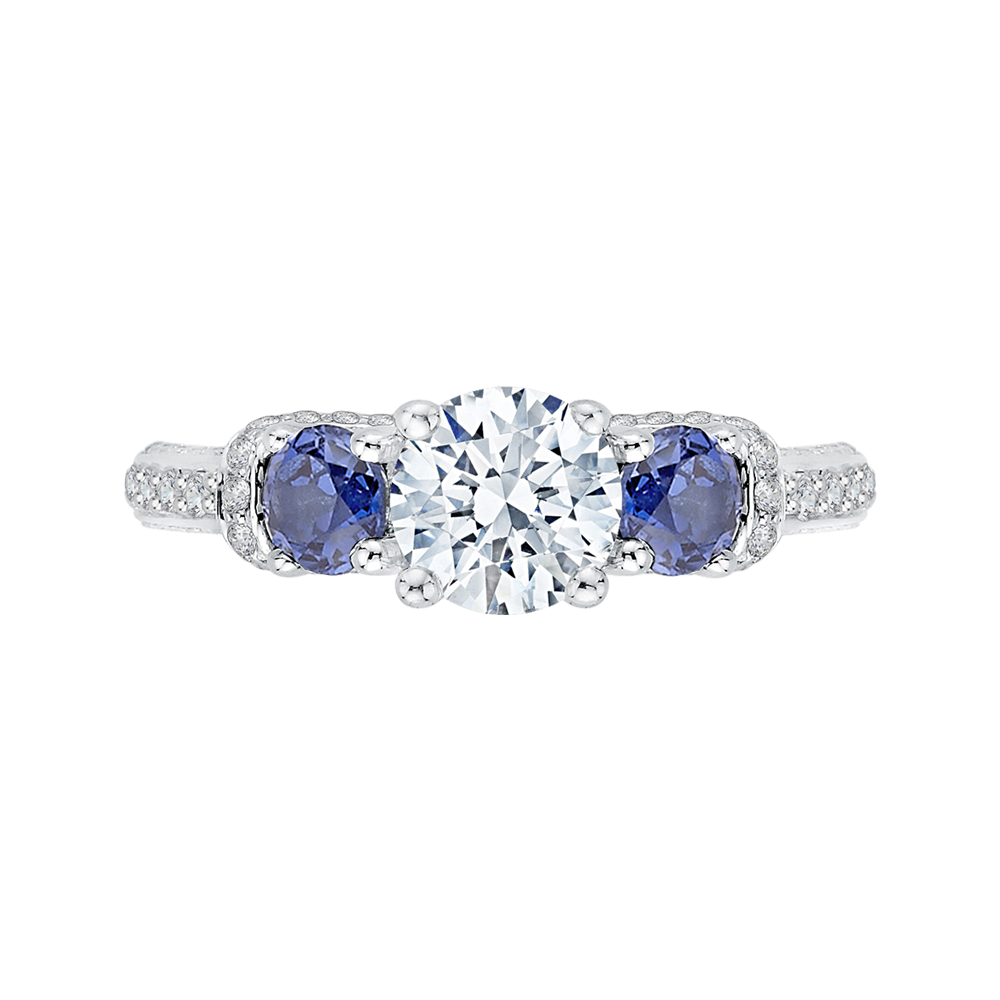 Euro Shank Round Diamond and Sapphire Three-Stone Engagement Ring in 14K White Gold (Semi-Mount)