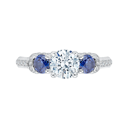 Euro Shank Round Diamond and Sapphire Three-Stone Engagement Ring in 14K White Gold (Semi-Mount)