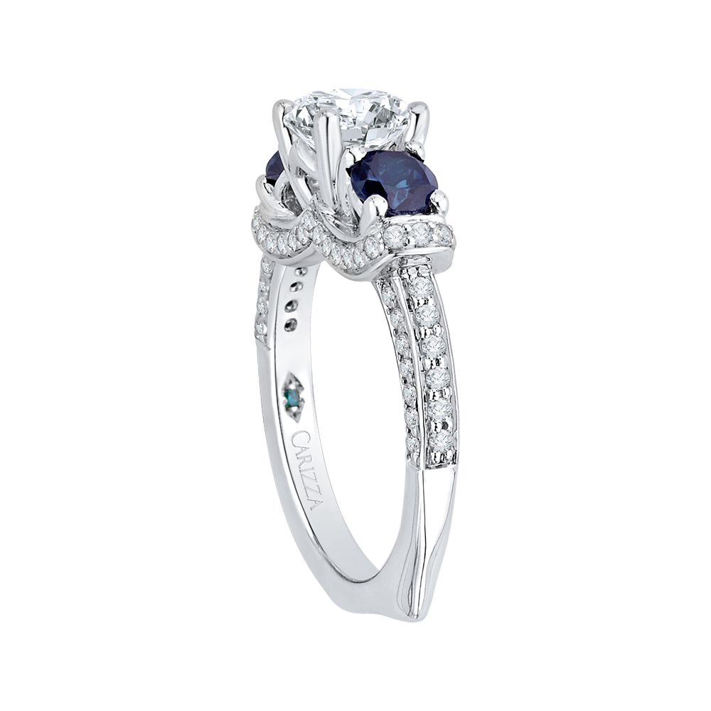 Euro Shank Round Diamond and Sapphire Three-Stone Engagement Ring in 14K White Gold (Semi-Mount)