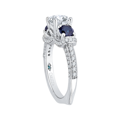 Euro Shank Round Diamond and Sapphire Three-Stone Engagement Ring in 14K White Gold (Semi-Mount)