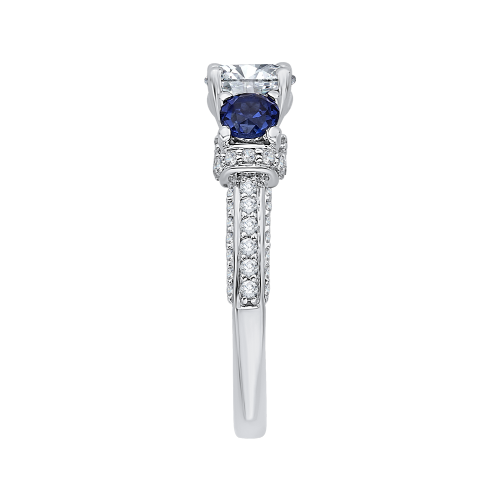 Euro Shank Round Diamond and Sapphire Three-Stone Engagement Ring in 14K White Gold (Semi-Mount)