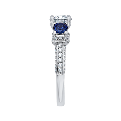 Euro Shank Round Diamond and Sapphire Three-Stone Engagement Ring in 14K White Gold (Semi-Mount)