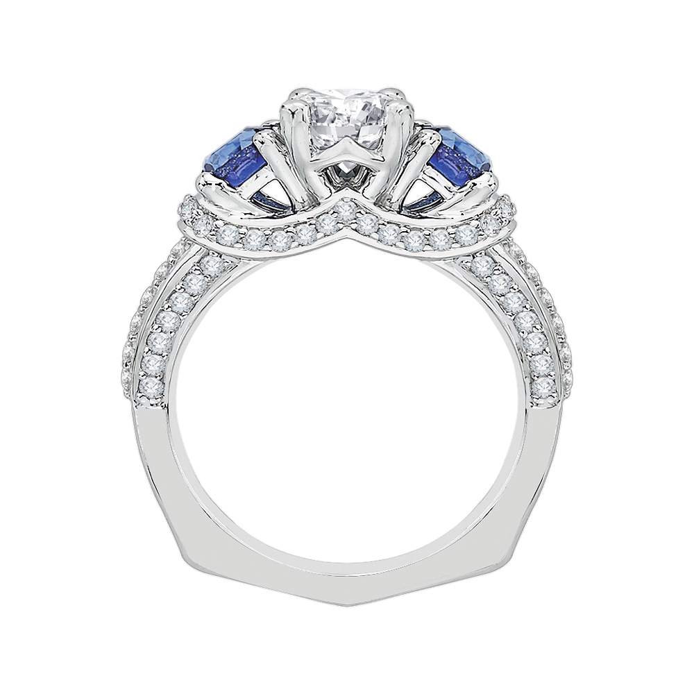 Euro Shank Round Diamond and Sapphire Three-Stone Engagement Ring in 14K White Gold (Semi-Mount)