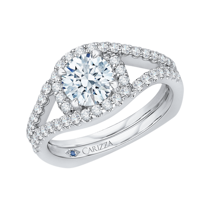 Split Shank Round Diamond Halo Engagement Ring in 14K White Gold (Semi-Mount)