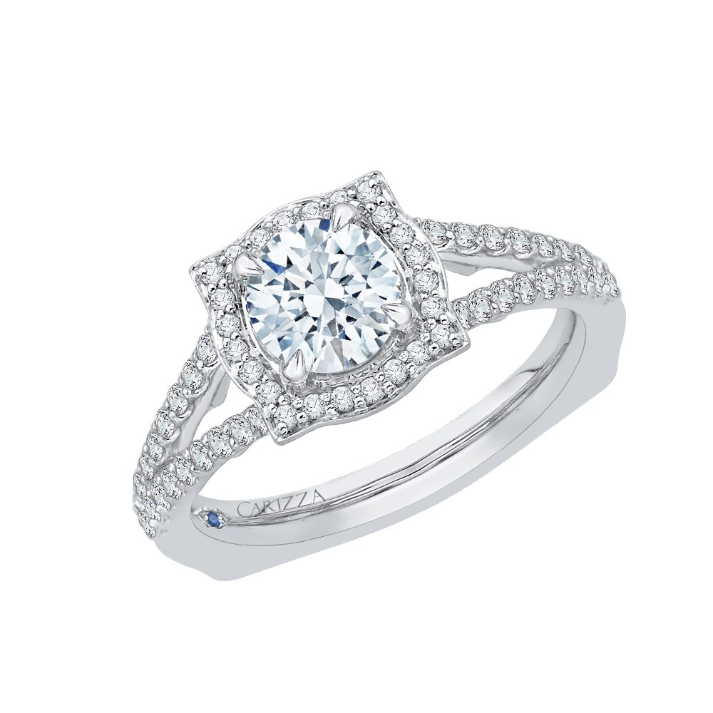 Split Shank Round Halo Diamond Engagement Ring in 14K White Gold (Semi-Mount)