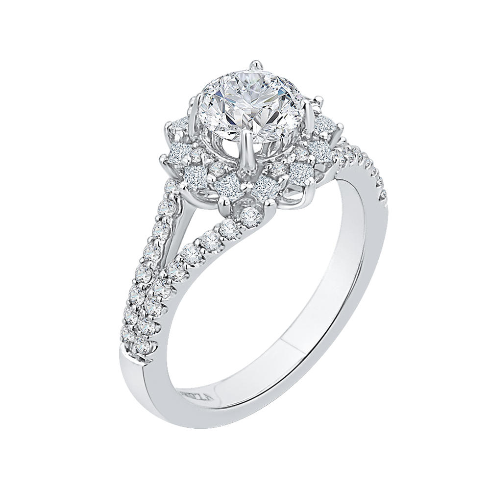 Split Shank Round Diamond Halo Engagement Ring in 14K White Gold (Semi-Mount)