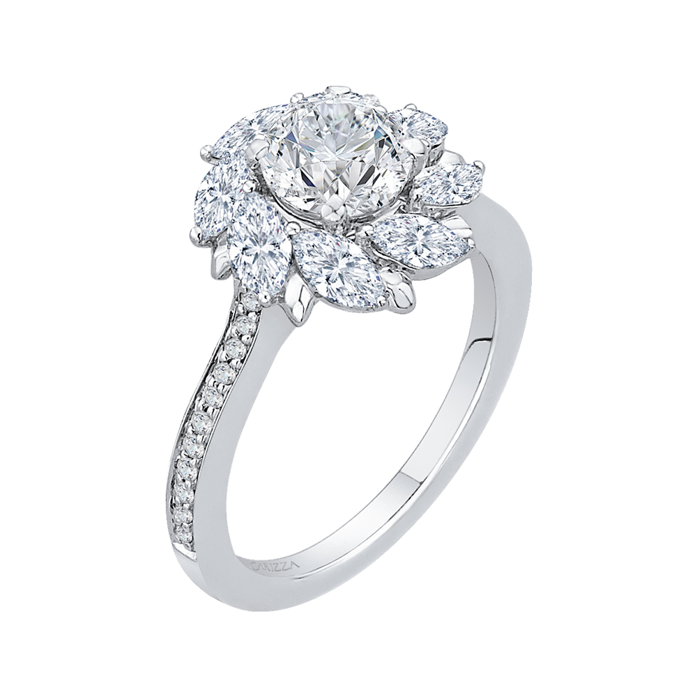 Round Diamond Floral Halo Engagement Ring in 14K White Gold (Semi-Mount)