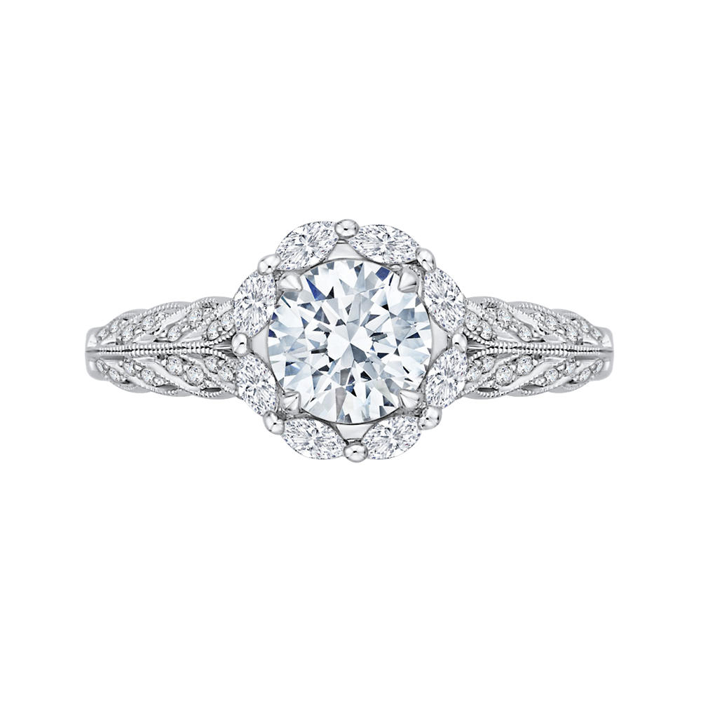 Round Diamond Floral Halo Engagement Ring in 14K White Gold (Semi-Mount)