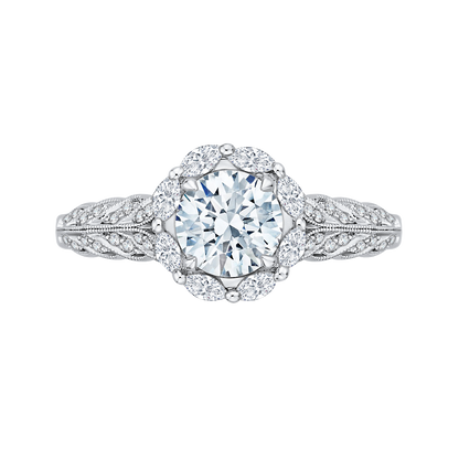 Round Diamond Floral Halo Engagement Ring in 14K White Gold (Semi-Mount)