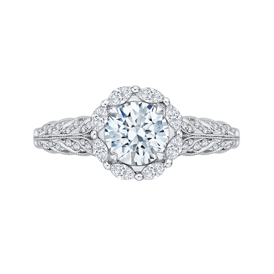 Round Diamond Floral Halo Engagement Ring in 14K White Gold (Semi-Mount)