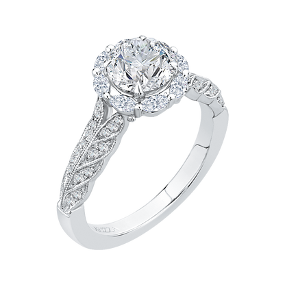 Round Diamond Floral Halo Engagement Ring in 14K White Gold (Semi-Mount)