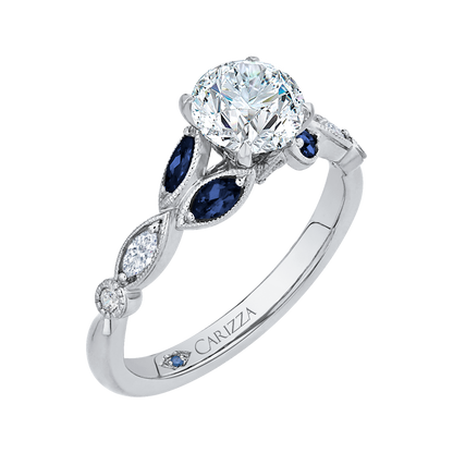 14K White Gold Round Diamond Engagement Ring with Sapphire (Semi-Mount)