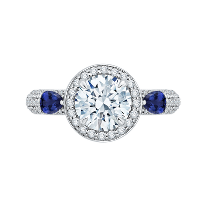 Round Diamond Halo Engagement Ring with Sapphire in 14K White Gold (Semi-Mount)