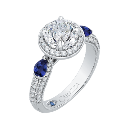 Round Diamond Halo Engagement Ring with Sapphire in 14K White Gold (Semi-Mount)