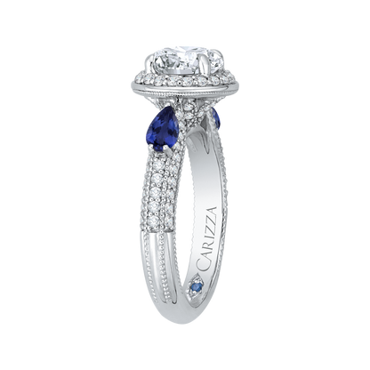 Round Diamond Halo Engagement Ring with Sapphire in 14K White Gold (Semi-Mount)