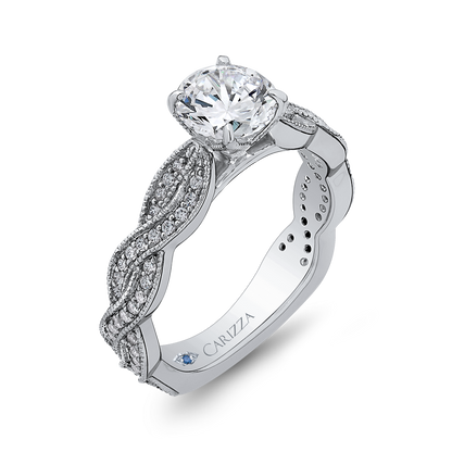 Round Diamond Floral Engagement Ring with Criss-Cross Shank in 14K White Gold (Semi-Mount)