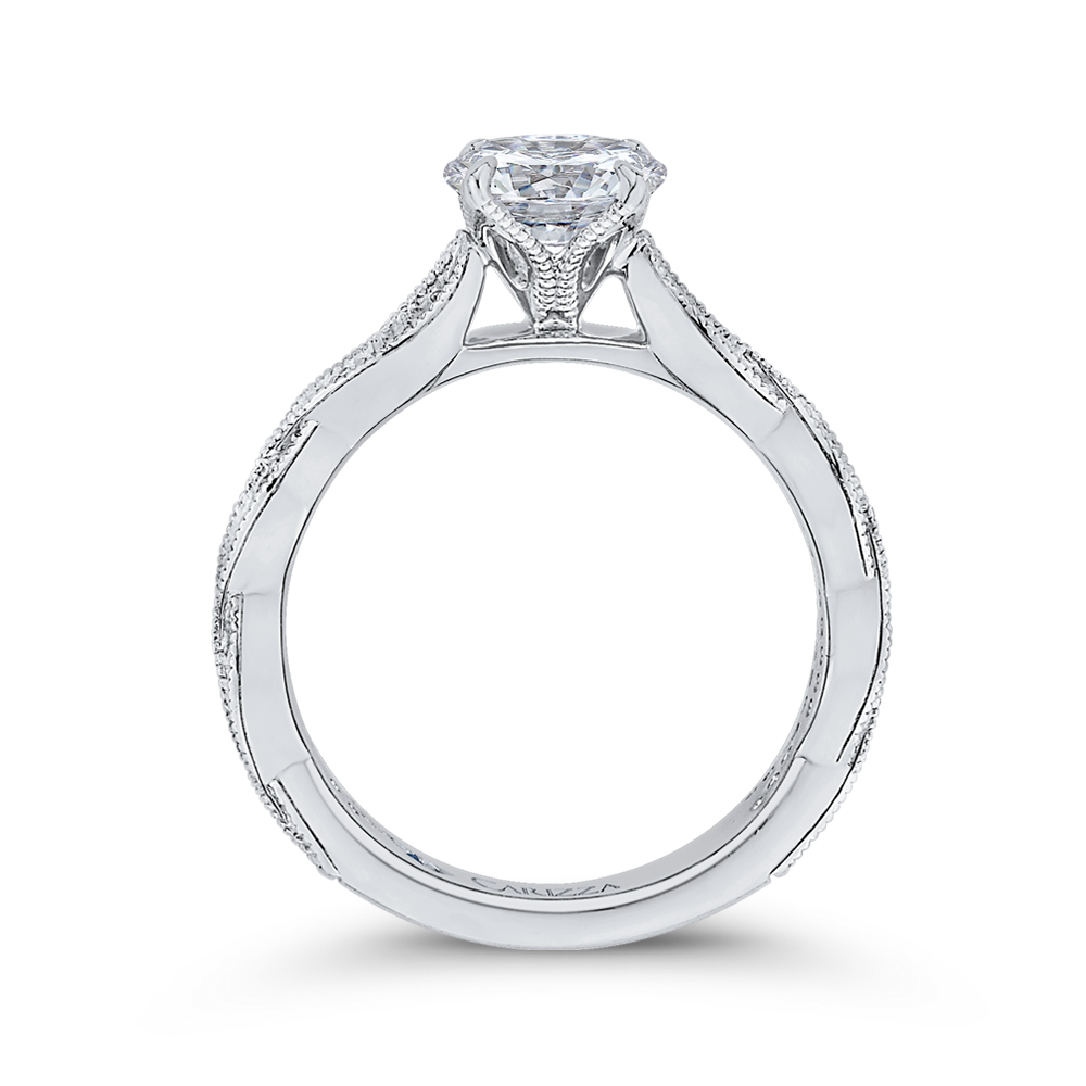 Round Diamond Floral Engagement Ring with Criss-Cross Shank in 14K White Gold (Semi-Mount)