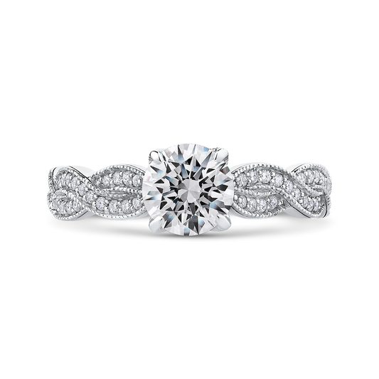 Round Diamond Floral Engagement Ring with Criss-Cross Shank in 14K White Gold (Semi-Mount)