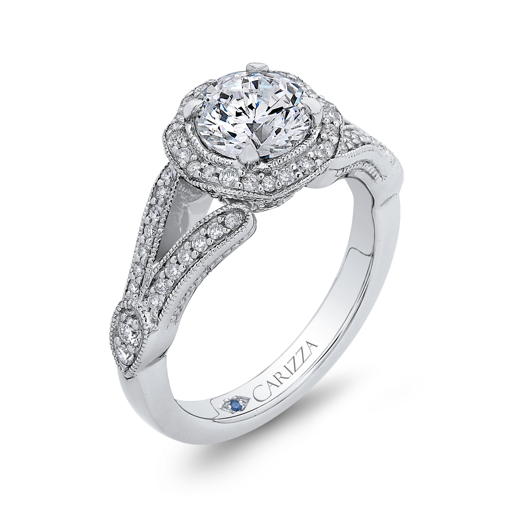 Split Shank Round Diamond Floral Halo Engagement Ring in 14K White Gold (Semi-Mount)