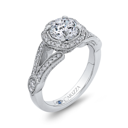 Split Shank Round Diamond Floral Halo Engagement Ring in 14K White Gold (Semi-Mount)