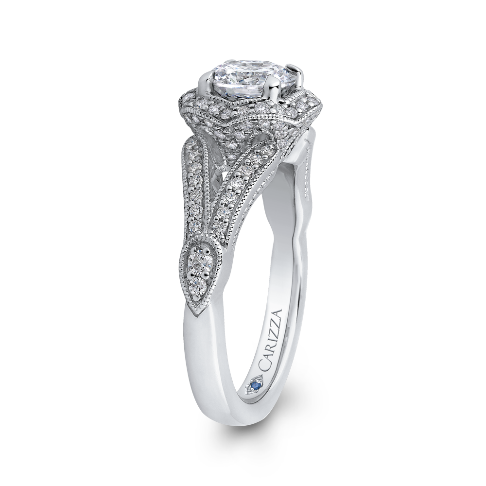 Split Shank Round Diamond Floral Halo Engagement Ring in 14K White Gold (Semi-Mount)