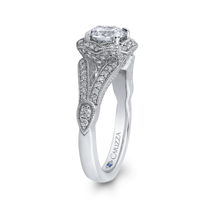 Split Shank Round Diamond Floral Halo Engagement Ring in 14K White Gold (Semi-Mount)