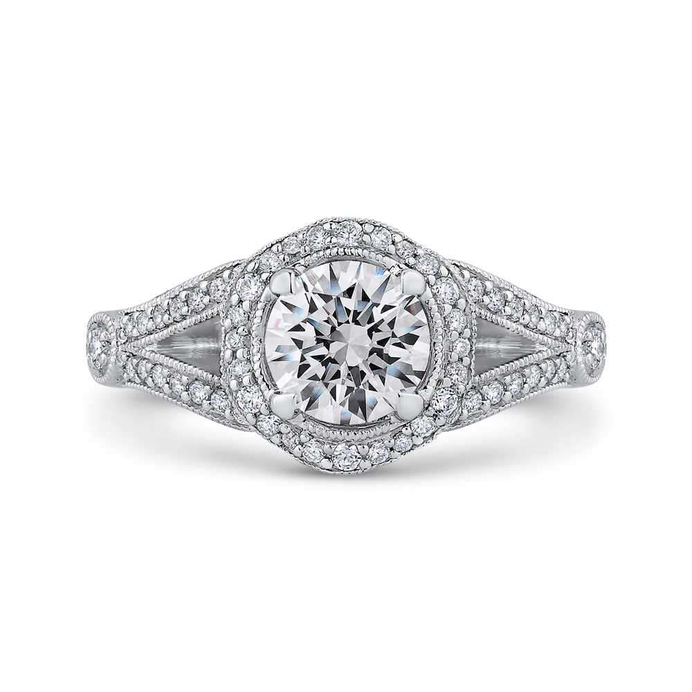 Split Shank Round Diamond Floral Halo Engagement Ring in 14K White Gold (Semi-Mount)