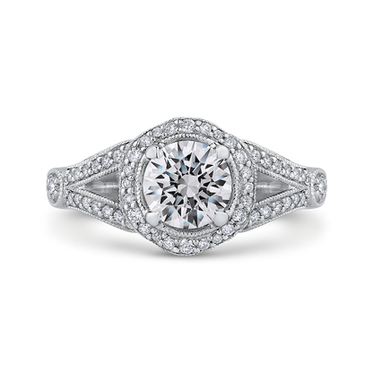 Split Shank Round Diamond Floral Halo Engagement Ring in 14K White Gold (Semi-Mount)