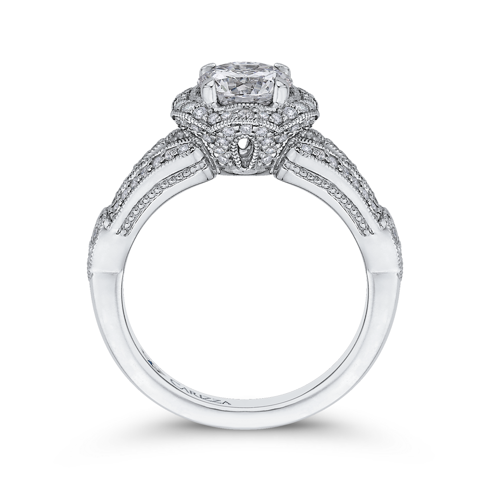 Split Shank Round Diamond Floral Halo Engagement Ring in 14K White Gold (Semi-Mount)