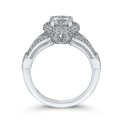 Split Shank Round Diamond Floral Halo Engagement Ring in 14K White Gold (Semi-Mount)