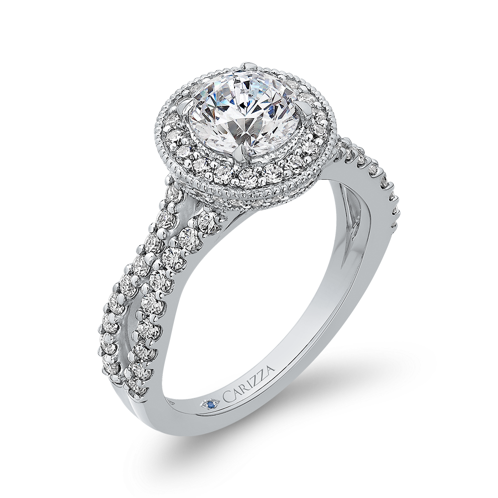 Split Shank Round Diamond Halo Engagement Ring in 14K White Gold (Semi-Mount)