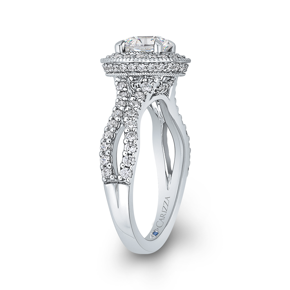 Split Shank Round Diamond Halo Engagement Ring in 14K White Gold (Semi-Mount)