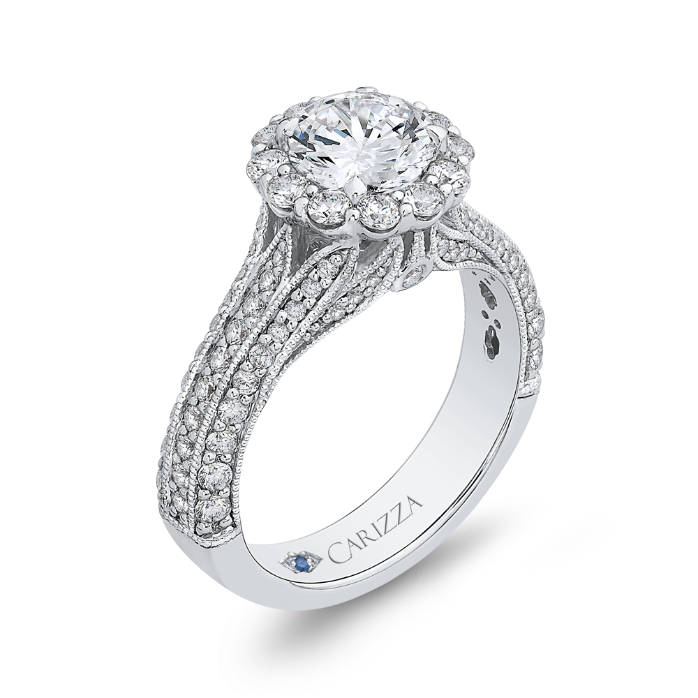 Split Shank Round Diamond Halo Engagement Ring in 14K White Gold (Semi-Mount)