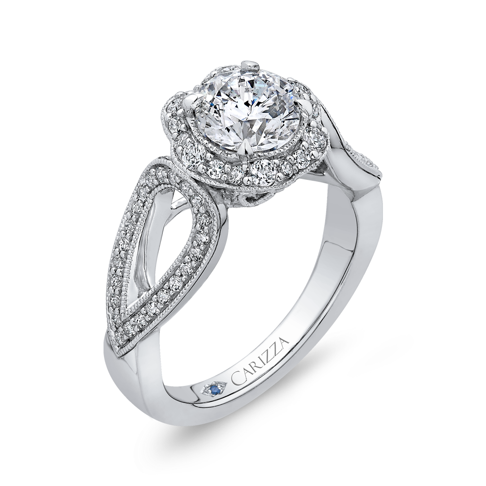 Split Shank Round Diamond Floral Halo Engagement Ring in 14K White Gold (Semi-Mount)