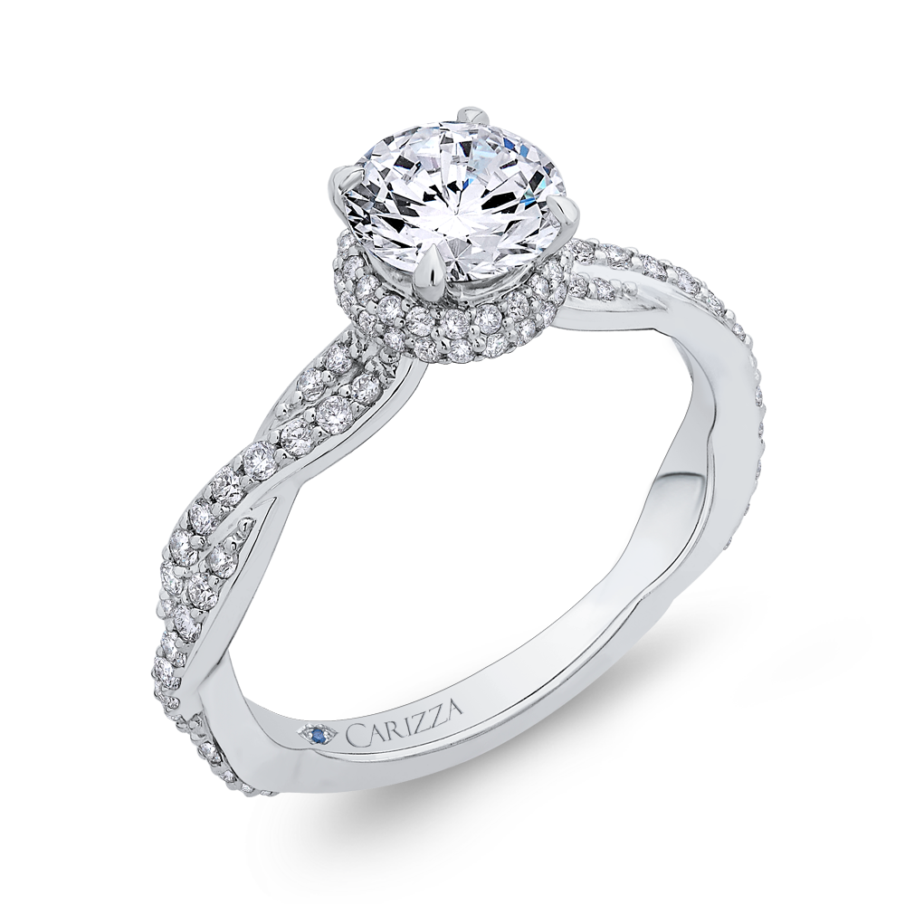 Round Diamond Floral Engagement Ring with Criss-Cross Shank in 14K White Gold (Semi-Mount)