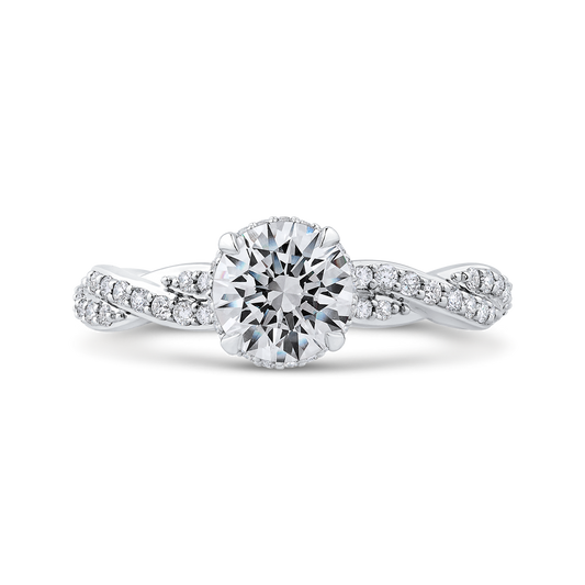 Round Diamond Floral Engagement Ring with Criss-Cross Shank in 14K White Gold (Semi-Mount)