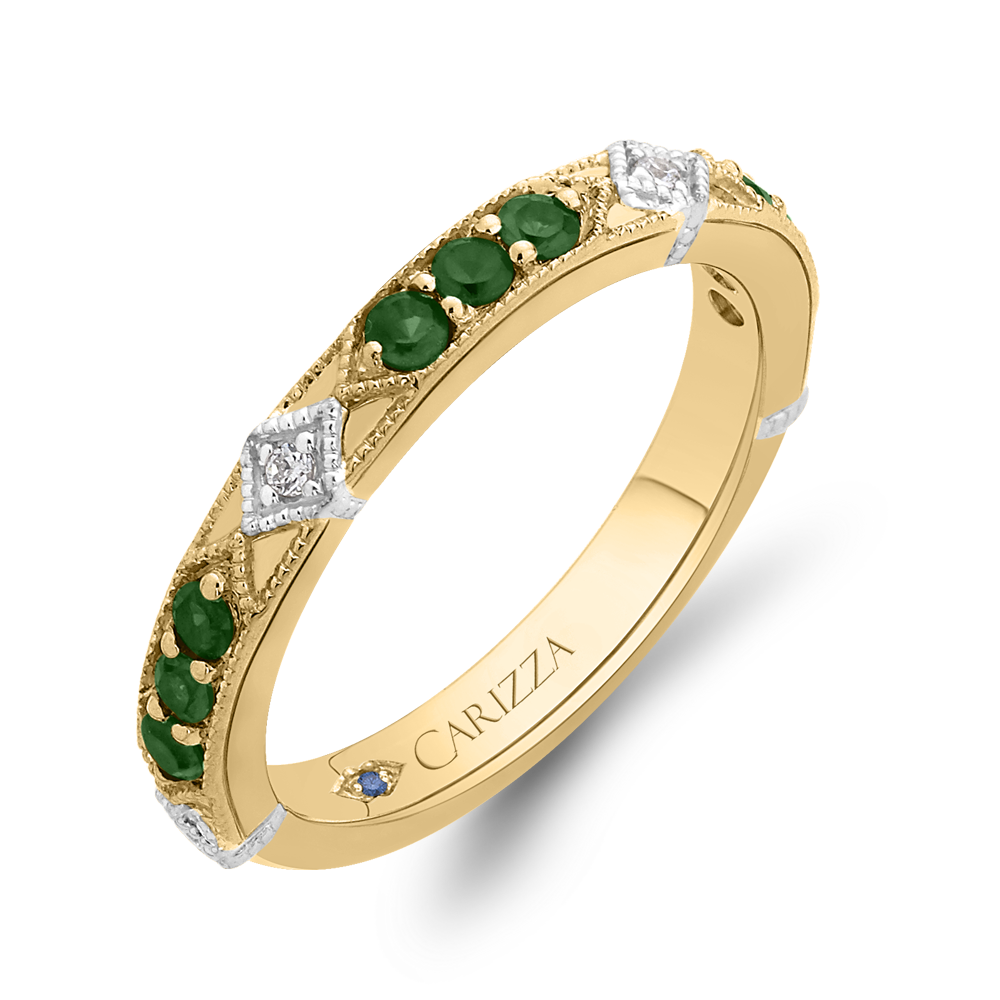 Round Diamond and Green Tsavorite Wedding Band in 14K Two Tone Gold