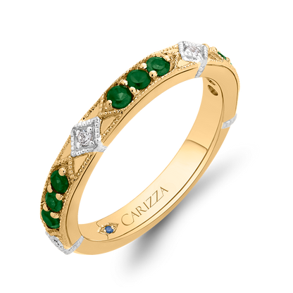 Round Diamond and Green Tsavorite Wedding Band in 14K Two Tone Gold