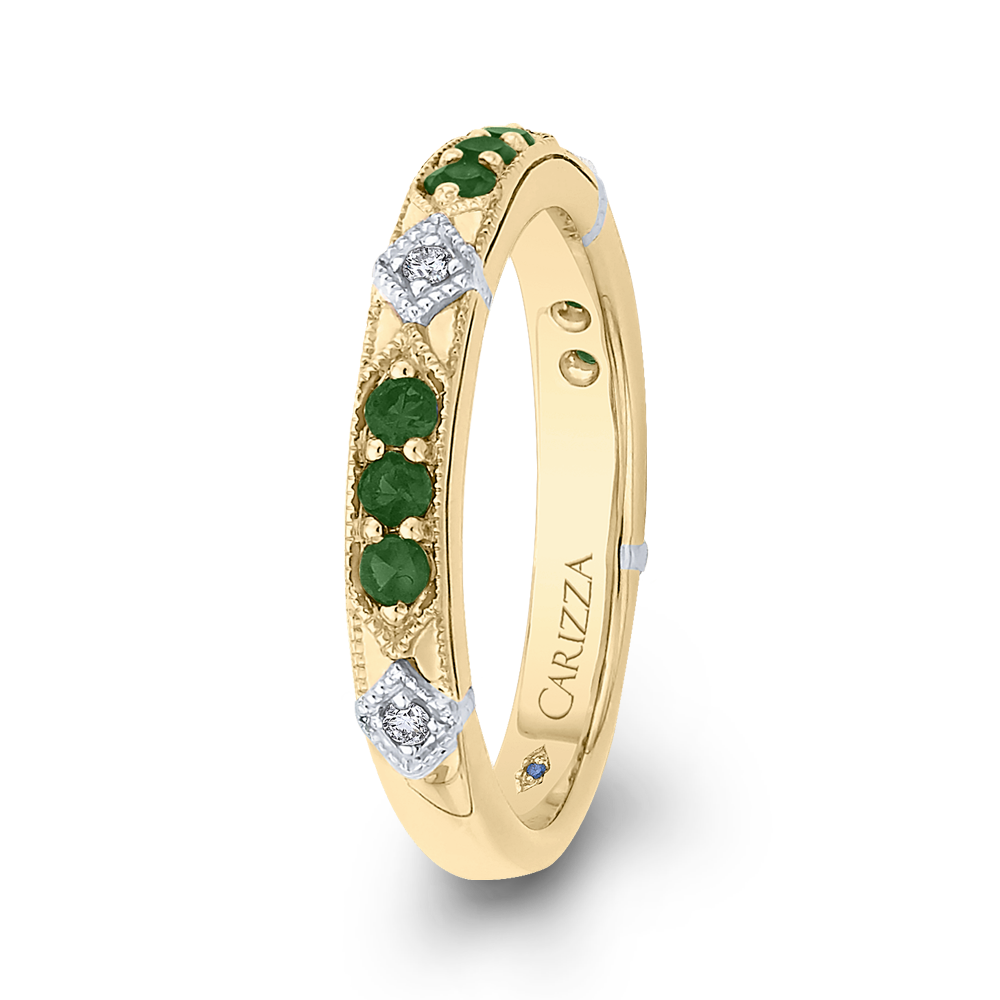 Round Diamond and Green Tsavorite Wedding Band in 14K Two Tone Gold
