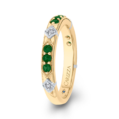 Round Diamond and Green Tsavorite Wedding Band in 14K Two Tone Gold