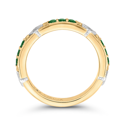 Round Diamond and Green Tsavorite Wedding Band in 14K Two Tone Gold