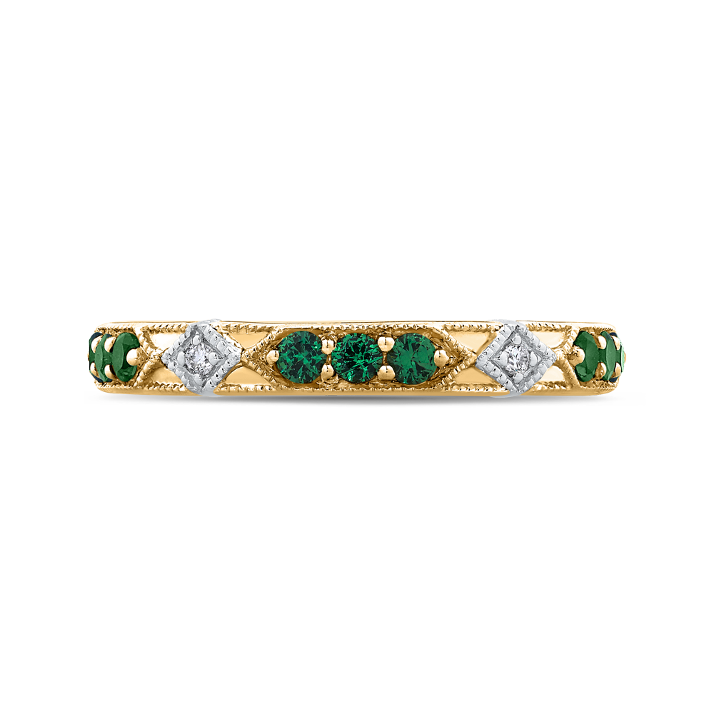 Round Diamond and Green Tsavorite Wedding Band in 14K Two Tone Gold