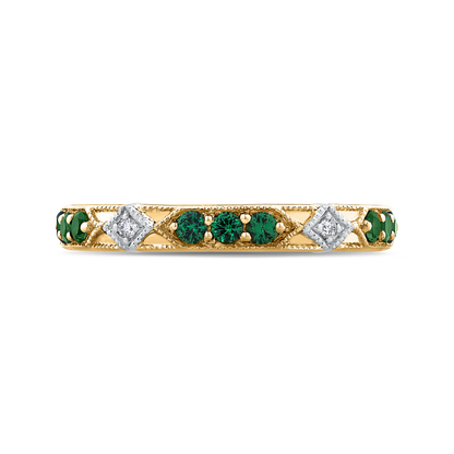 Round Diamond and Green Tsavorite Wedding Band in 14K Two Tone Gold