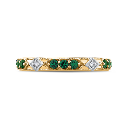 Round Diamond and Green Tsavorite Wedding Band in 14K Two Tone Gold