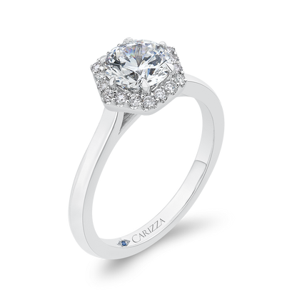 Round Diamond Hexagon Shape Halo Engagement Ring in 14K White Gold (Semi-Mount)