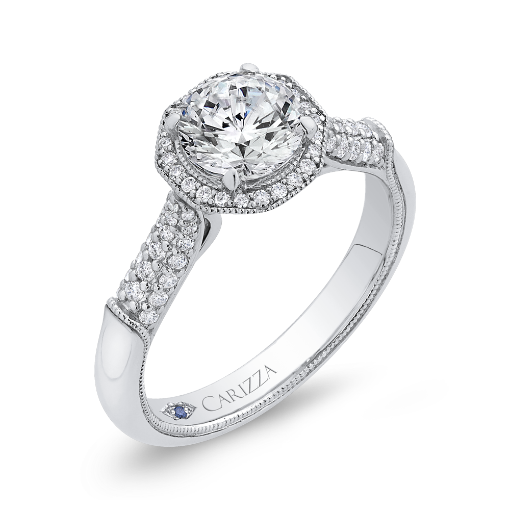 Round Halo Diamond Vintage Engagement Ring in 14K White Gold (Semi-Mount)